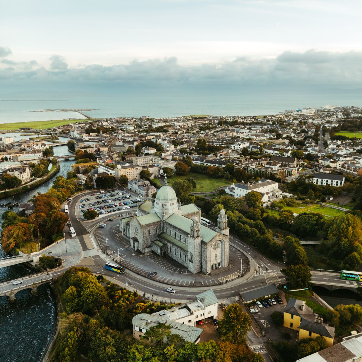 Aerial view of Galway city and its cathedral